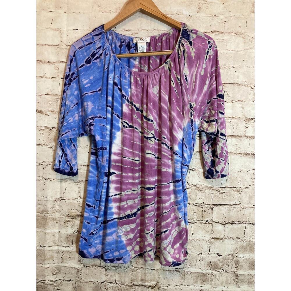 OSO Casuals‎ Top Womens Large Purple & Blue Tie Dye Hippie Boho Dolman Sleeve